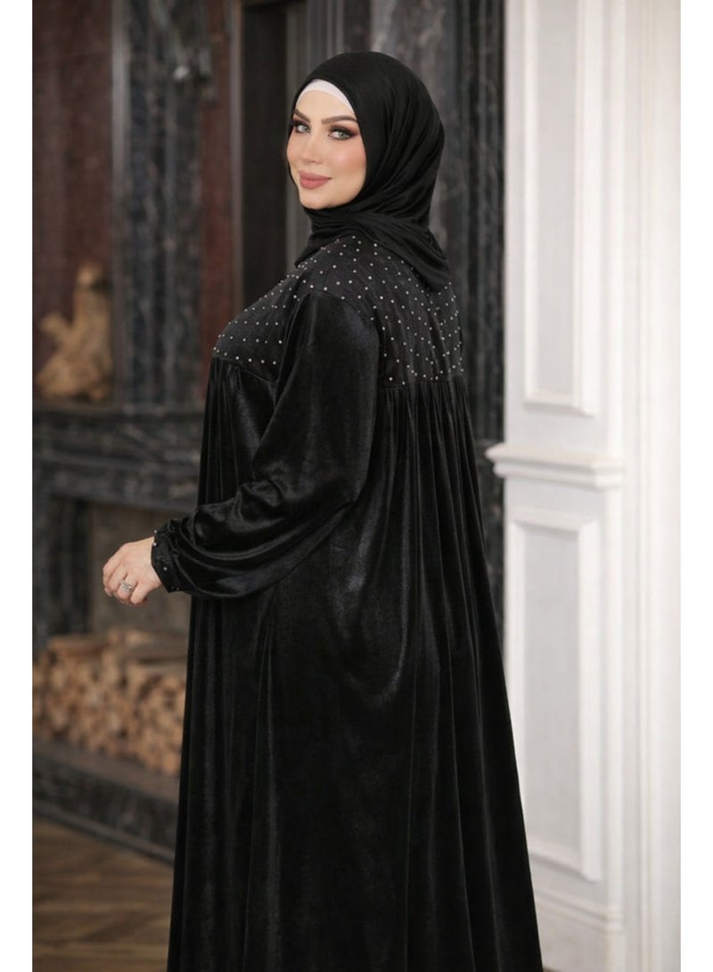 Women’s Velvet Prayer Dress (Isdal) – Elegant Design with Subtle Sparkle – Loose Fit with Matching Hijab - Black - Image 2
